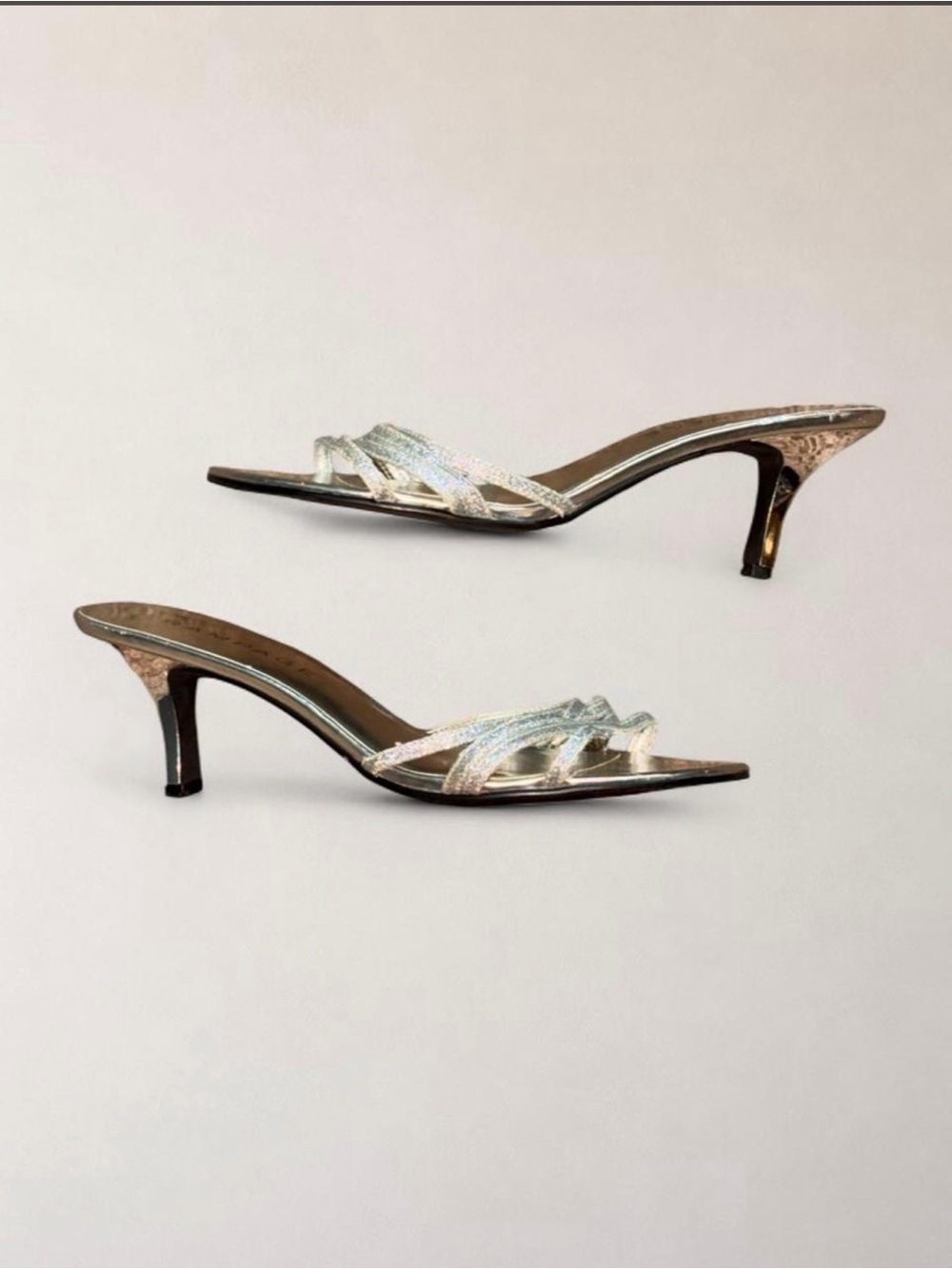 Rampage Frankie Silver Glitter Strappy Kitten Heel Mules Size 8.5